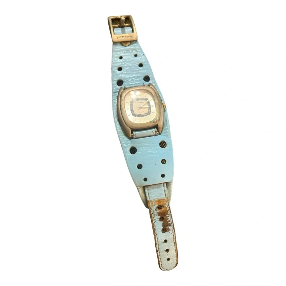 Y2K Vintage Vestal Quartz Leather Watch with Grommets, , Baby Blue